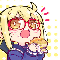 Rule 34 | 1girl, :o, artoria pendragon (fate), blonde hair, blue jacket, blue sailor collar, blush, brown eyes, chibi, commentary request, fate/grand order, fate (series), food, food on face, food request, glasses, hair between eyes, halftone, halftone background, holding, holding food, jacket, kasuga yuuki, long sleeves, looking at viewer, mysterious heroine x alter (fate), notice lines, open mouth, puffy long sleeves, puffy sleeves, red-framed eyewear, sailor collar, simple background, sleeves past wrists, solo, teeth, upper body, upper teeth only, white background