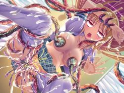 Rule 34 | ahegao, breast sucking, breasts, creature inside, fucked silly, inflation, lusterise, pantyhose, peeing, rolling eyes, saikyou mahou shoujo arina, saliva, spread legs, stomach bulge, sweat, tentacles, worm
