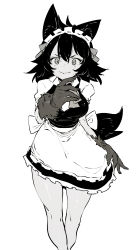 Rule 34 | 1girl, absurdres, animal ear fluff, animal ears, animal hands, apron, bare legs, breasts, collar, ddari, dress, embarrassed, feet out of frame, frilled apron, frills, greyscale, hair ornament, hair ribbon, hand up, highres, holding, holding clothes, holding dress, looking at viewer, maid, maid headdress, medium breasts, medium hair, monochrome, original, ribbon, short sleeves, simple background, solo, sweatdrop, tail, thighs, wavy mouth, white background, wolf ears, wolf girl, wolf tail
