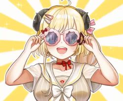Rule 34 | 1girl, adjusting eyewear, ahoge, animal ears, animated, asymmetrical hair, blonde hair, blush, bow, breasts, carmen kiruya, choker, dress, grey dress, hair ornament, hair ribbon, hairclip, hololive, horns, long hair, looking at viewer, looping animation, medium breasts, musical note, official alternate costume, open mouth, pink ribbon, ponytail, red choker, ribbon, sailor collar, sheep ears, sheep girl, sheep horns, short sleeves, sidelocks, simple background, smile, solo, sparkle, striped, striped background, sunglasses, tsunomaki watame, tsunomaki watame (street casual), two-tone background, upper body, vertical stripes, video, virtual youtuber, white background, white bow, yellow background