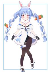 Rule 34 | 1girl, animal ears, black gloves, black leotard, black pantyhose, blue hair, blush, breasts, carrot hair ornament, cleavage, don-chan (usada pekora), dress, food-themed hair ornament, fur-trimmed dress, fur-trimmed gloves, fur trim, gloves, hair ornament, highres, hiiragisensei, hololive, leotard, leotard under clothes, mary janes, multicolored hair, orange hair, pantyhose, rabbit ears, rabbit girl, shoes, small breasts, smile, solo, twintails, two-tone hair, usada pekora, usada pekora (1st costume), virtual youtuber, white dress, white footwear, white hair