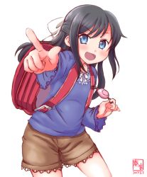 Rule 34 | 10s, 1girl, 2017, :d, alternate costume, asashio (kancolle), backpack, bag, black hair, blue eyes, blush, commentary request, crime prevention buzzer, dated, half updo, highres, kanon (kurogane knights), kantai collection, long hair, looking at viewer, open mouth, pointing, randoseru, rape whistle, shorts, signature, simple background, smile, solo, white background