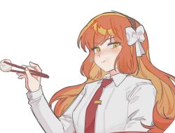 Rule 34 | 1girl, bow, chopsticks, commentary request, dumpling, eating, food, hair bow, hairband, holding, holding chopsticks, ishmael (project moon), korean commentary, limbus company, long hair, long sleeves, necktie, nonm l, orange hair, project moon, red necktie, shirt, solo, tie clip, upper body, white background, white shirt, wing collar, yellow eyes