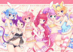 Rule 34 | 1boy, 5girls, :3, :d, ;), ;d, animal ears, aqua eyes, babydoll, bikini, blonde hair, blue eyes, blue hair, blush, bow, bracelet, braid, breasts, cat ears, cat tail, choker, cleavage, crescent, dorothy west, elbow gloves, fang, flat chest, frilled bikini, frills, from side, gloves, hair bow, hair ornament, hair ribbon, hairclip, hand on own face, hands on another&#039;s shoulders, heart, hojo sophy, jewelry, kemonomimi mode, long hair, looking at viewer, loose socks, manaka laala, medium breasts, minami mirei, mitsuba choco, multiple girls, navel, one-piece swimsuit, one eye closed, open mouth, paw pose, pink eyes, pink hair, ponytail, pretty series, pripara, purple eyes, purple hair, rabbit ears, red hair, reona west, ribbon, short hair, small breasts, smile, socks, star (symbol), striped background, striped clothes, striped legwear, striped thighhighs, swimsuit, tail, thighhighs, toudou shion, trap, twintails, v, very long hair, white gloves, white legwear, yellow eyes