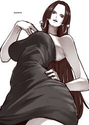 Rule 34 | 1girl, aosora2823, artist name, bare shoulders, black dress, black hair, boa hancock, breasts, commentary request, contrapposto, crosshatching, dress, earrings, eyelashes, forehead, foreshortening, from below, greyscale, hand on own chest, hand on own hip, hatching (texture), highres, hime cut, jewelry, large breasts, long hair, long neck, looking at viewer, monochrome, one piece, open mouth, parted lips, short dress, skin tight, sleeveless, sleeveless dress, snake earrings, solo, strapless, strapless dress, teeth, upper body, upper teeth only, very long hair