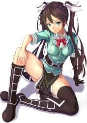 Rule 34 | 10s, 1girl, arm support, asymmetrical legwear, black footwear, black gloves, black skirt, boots, brown hair, cyoppu, elbow gloves, full body, gloves, green eyes, hand on own knee, highres, kantai collection, knee boots, looking at viewer, military, military uniform, parted lips, pelvic curtain, side slit, simple background, single glove, single thighhigh, sitting, skirt, solo, thighhighs, tone (kancolle), tone kai ni (kancolle), twintails, uneven legwear, uniform, white background