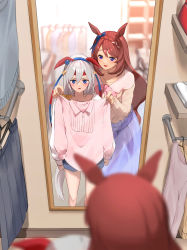 Rule 34 | 2girls, arms at sides, blue eyes, blue skirt, blurry, blurry foreground, blush, braid, brown hair, cabinet, clothes, clothes hanger, dressing another, full-length mirror, grey hair, hairband, headband, highres, holding, holding clothes, holding shirt, horse girl, indoors, iwashi 111, long hair, long sleeves, looking at another, mirror, multiple girls, open mouth, pink shirt, shirt, shorts, skirt, smile, standing, super creek (umamusume), tamamo cross (umamusume), umamusume, v-shaped eyebrows
