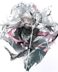 Rule 34 | 1girl, arknights, black gloves, capelet, choppy bangs, closed eyes, commentary, corrupted twitter file, gloves, head wings, highres, holding, holding sword, holding weapon, irene (arknights), long hair, shijiubashuazi, signature, solo, sword, weapon, white background, white capelet, white hair, wings