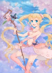 Rule 34 | 1girl, absurdres, blonde hair, blue eyes, boots, bug, butterfly, fairy, flower, frilled skirt, frills, hair flower, hair ornament, highres, insect, long hair, looking at viewer, midriff, miniskirt, navel, no bra, original, peiyu zhou, petals, pointy ears, revealing clothes, see-through, skirt, sky, smile, solo, staff, thigh boots, thighhighs, twintails, very long hair, wings