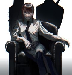 Rule 34 | 1girl, arm rest, armchair, black necktie, black pants, brown hair, chainsaw man, chair, chromatic aberration, collared shirt, crossed legs, evil smile, feet out of frame, gradient background, highres, kawatiw, long sleeves, looking at viewer, makima (chainsaw man), necktie, on chair, pants, ringed eyes, shirt, short hair, silhouette, simple background, sitting, smile, solo focus, white background, white shirt, yellow eyes