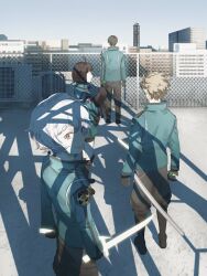Rule 34 | 1girl, 3boys, ahoge, black hair, black pants, brown hair, building, chain-link fence, character request, cityscape, closed mouth, commentary request, day, fence, from behind, full body, green jacket, holding, holding sword, holding weapon, jacket, looking at viewer, looking back, multiple boys, outdoors, pants, shadow, short hair, sky, smile, standing, sword, weapon, white hair, world trigger, yellow eyes, yorha 2b2e