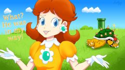 Rule 34 | 1girl, 1other, blue eyes, blue sky, bowser, breasts, brown hair, claws, earrings, flower earrings, gem, gloves, grass, grin, hand up, jewelry, looking at viewer, mario (series), mario party, nintendo, princess daisy, puffy short sleeves, puffy sleeves, red hair, short sleeves, sky, smile, smoking pipe, spikes, super mario bros. 1, super mario land, tail, tomboy