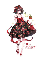 Rule 34 | 1girl, absurdres, ankle strap, apple print, bag, black bow, black dress, black hair, black scrunchie, blush, bow, breasts, cleavage, clothes writing, collarbone, detached sleeves, dress, frilled dress, frills, full body, hair bow, hair ornament, hand up, handbag, heart, heart hair ornament, highres, holding, holding bag, leg strap, lolita fashion, looking at viewer, original, print dress, red bow, red footwear, red ribbon, ribbon, scrunchie, short hair, solo, unmoving pattern, white background, wrist scrunchie, yellow eyes, yuzhi