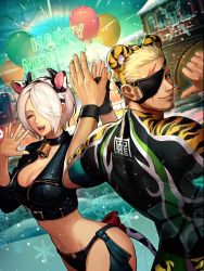 Rule 34 | 1boy, 1girl, angel (kof), animal ears, animal print, bra, breasts, chaps, chinese zodiac, cropped jacket, eyepatch, fingerless gloves, gloves, hair over one eye, jacket, large breasts, leather, leather jacket, official art, ramon (kof), snk, strapless, strapless bra, the king of fighters, the king of fighters all-stars, the king of fighters xiv, tiger ears, tiger print, toned, underwear, white hair, year of the ox, year of the tiger