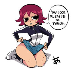 Rule 34 | 1girl, artist request, body freckles, freckles, jacket, kim pine, red hair, scott pilgrim (series), skirt, thick thighs, thighs, track jacket