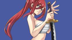 Rule 34 | 1girl, breasts, brown hair, erza scarlet, fairy tail, highres, large breasts, long hair, mashima hiro, official art, ponytail, red hair, sarashi, sword, weapon
