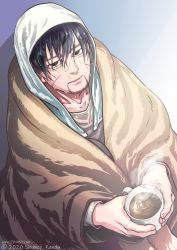 Rule 34 | 1boy, 2hands1cup, alternate hairstyle, bed sheet, black eyes, black hair, coffee mug, collarbone, cup, decoy00xx, expressionless, facial hair, facial scar, goatee, golden kamuy, hair strand, holding, holding cup, looking at viewer, male focus, messy hair, mug, ogata hyakunosuke, scar, scar on cheek, scar on face, short hair, solo, stubble, towel, towel on head, wet, wet hair