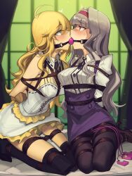 Rule 34 | 2girls, absurdres, bdsm, black thighhighs, blonde hair, bondage, bound, cad (caddo), commission, egg vibrator, gag, grey hair, highres, hoshii miki, idolmaster, idolmaster (classic), kneeling, linked gag, long hair, multiple girls, restrained, second-party source, sex toy, shibari, shijou takane, sweat, thighhighs, vibrator