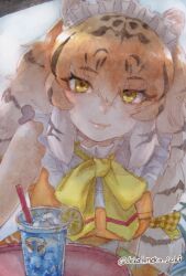 Rule 34 | 1girl, animal ears, apron, bare shoulders, black hair, bow, bowtie, closed mouth, colored inner hair, cup, dekai neko suki, dress, drink, drinking glass, drinking straw, frills, hair between eyes, hair bow, kemono friends, leaning forward, lips, long hair, looking at viewer, low-tied long hair, maid headdress, multicolored hair, official alternate costume, orange dress, orange hair, plaid, plaid bow, siberian tiger (kemono friends), sleeveless, sleeveless dress, smile, solo, tiger ears, traditional media, tray, twitter username, very long hair, waist apron, waitress, white hair, yellow eyes