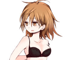 Rule 34 | 1girl, ahoge, arms behind back, bare arms, bare shoulders, black bra, bow, bow bra, bra, breasts, brown eyes, brown hair, commentary request, dot nose, hair between eyes, i.u.y, light blush, looking to the side, medium breasts, medium hair, messy hair, misaka worst, open mouth, red bow, simple background, slit pupils, solo, teeth, toaru majutsu no index, underwear, upper body, upper teeth only, white background