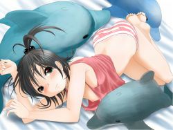 Rule 34 | 1girl, barefoot, bed, black eyes, black hair, blush, dolphin, face, flat chest, foreshortening, hair bobbles, hair ornament, lying, nipple slip, nipples, no bra, on side, original, panties, retsumaru, side ponytail, solo, striped clothes, striped panties, toe scrunch, toes, underwear, underwear only, wavy mouth