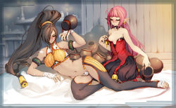 Rule 34 | 00s, 2girls, ahoge, arm support, armlet, bad id, bad pixiv id, bandages, bare shoulders, barefoot, blush, breasts, breasts apart, brown eyes, brown hair, cameltoe, chaps, clothing cutout, collar, covered erect nipples, crotch cutout, drunk, dungeon and fighter, earrings, elf, fighter (dungeon and fighter), fighter (dungeon fighter online), hair ornament, hair over one eye, jewelry, large breasts, legs, long hair, long legs, lying, mage (dungeon and fighter), midriff, multiple girls, navel, on side, pink hair, pointy ears, ponytail, pot, red eyes, revealing clothes, sitting, sleeveless, spikes, sweat, thighs, toeless legwear, toes, tsunekun, undressing, very long hair
