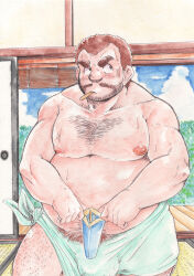Rule 34 | 1boy, abs, after bathing, bara, beard, big belly, blush, brown hair, bulge, chest hair, colored pencil (medium), eating, excessive pubic hair, facial hair, feet out of frame, food, ganson, holding, holding food, holding ice cream, hot, ice cream, large bulge, large pectorals, leg hair, looking to the side, male focus, male pubic hair, mature male, mouth hold, muscular, muscular male, mustache, naked towel, navel, navel hair, nipples, old, old man, original, pectorals, pubic hair, pubic hair peek, receding hairline, short hair, shy, sideburns, sideburns stubble, solo, stomach, stubble, summer, thighs, topless male, towel, towel around waist, traditional media, uneven eyes, wrinkled skin
