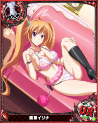 Rule 34 | 10s, 1girl, black legwear, blush, breasts, card (medium), chess piece, cleavage, hairband, high school dxd, jewelry, knight (chess), large breasts, lingerie, long hair, necklace, official art, orange hair, purple eyes, rook (chess), shidou irina, solo, trading card, twintails, underwear, very long hair, worried