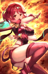 1girl, absurdres, ass, bangs, black gloves, breasts, chest jewel, cleavage, feet out of frame, fingerless gloves, gem, gloves, groin, headpiece, highres, holding, holding sword, holding weapon, jewelry, large breasts, looking at viewer, nintendo, pyra (xenoblade), red eyes, red hair, red legwear, red shorts, shiburingaru, short hair, short shorts, shorts, solo, super smash bros., swept bangs, sword, thighhighs, tiara, weapon, xenoblade chronicles (series), xenoblade chronicles 2