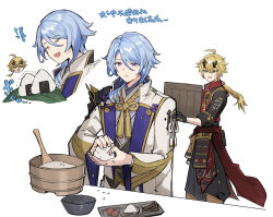 Rule 34 | 2boys, black headband, blonde hair, blue hair, box, closed eyes, cooking, food, genshin impact, green eyes, hair between eyes, hayama eishi, headband, highres, holding, holding box, holding food, japanese clothes, kamisato ayato, long hair, male focus, mole, mole under mouth, multiple boys, onigiri, open mouth, ponytail, purple eyes, simple background, sweat, thoma (genshin impact), translation request, white background, wide sleeves