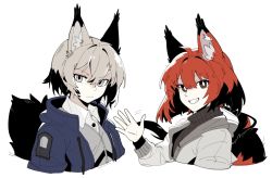 2girls :d animal_ears arknights ashlock_(arknights) black_scarf black_shirt blouse blue_jacket brown_eyes clenched_teeth collared_shirt commentary cropped_torso english_commentary flametail_(arknights) grey_eyes grey_vest hair_between_eyes hand_up highres jacket looking_at_viewer material_growth mechanical_owl multiple_girls open_clothes open_jacket open_mouth oripathy_lesion_(arknights) red_hair scarf shirt short_hair simple_background smile squirrel_ears squirrel_girl squirrel_tail tail teeth upper_body v-shaped_eyebrows vest waving white_background white_jacket white_shirt