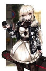 Rule 34 | 1girl, artoria pendragon (all), artoria pendragon (fate), blonde hair, casul, coffee cup, cup, disposable cup, fate/grand order, fate (series), fur collar, fur trim, gothic lolita, guitar case, hair ribbon, highres, holding, holding cup, instrument case, jacket, lolita fashion, looking at viewer, pantyhose, ponytail, ribbon, saber alter, skirt, solo, unzipped, upper body, yellow eyes