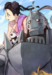 Rule 34 | 1girl, 2boys, ahoge, alphonse elric, animal, animal on shoulder, armor, black hair, blonde hair, blue sky, braid, brothers, chinese clothes, double bun, edward elric, full armor, fullmetal alchemist, glowing, glowing eyes, hair bun, horns, hungry clicker, looking to the side, may chang, multiple boys, on shoulder, out of frame, panda, siblings, single horn, sitting, sitting on person, sitting on shoulder, sky, spikes, xiao-mei