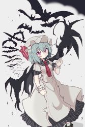 Rule 34 | 1girl, bat (animal), bat wings, closed mouth, dress, hat, hat ribbon, highres, looking at viewer, mob cap, red eyes, red ribbon, remilia scarlet, ribbon, short sleeves, simple background, solo, standing, tatutaniyuuto, touhou, white background, white dress, white hat, wings, wrist cuffs