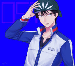Rule 34 | 1boy, 8ryo ta, absurdres, bandana, black hair, blue background, collarbone, commentary request, grey eyes, hand up, highres, jacket, kaido kaoru, long sleeves, male focus, partial commentary, short hair, simple background, solo, tennis no ouji-sama, upper body, zipper