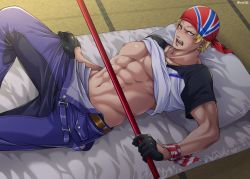 Rule 34 | 1boy, bandana, bara, belt, billy kane, black gloves, black shirt, blonde hair, blue eyes, blue pants, clothes lift, earrings, fatal fury, futon, gloves, half gloves, highres, holding, holding staff, holding weapon, jewelry, large pectorals, looking at viewer, lying, male focus, miru (mill 36), muscular, muscular male, necklace, nipples, on back, open mouth, pants, pectorals, shirt, shirt lift, short hair, solo, staff, the king of fighters, the king of fighters &#039;97, two-tone shirt, weapon, white shirt