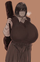 Rule 34 | 1girl, absurdres, black eyes, black hair, bob cut, breasts, brown background, brown sweater vest, character request, chichi8181, commentary request, copyright request, cowboy shot, gigantic breasts, hair between eyes, highres, huge breasts, long sleeves, looking at viewer, mask, monochrome, mouth mask, pleated skirt, short hair, simple background, skirt, solo, standing, surgical mask, sweater vest, wing collar