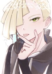 Rule 34 | 1boy, black shirt, blonde hair, blush, commentary request, creatures (company), ear piercing, game freak, gladion (pokemon), green eyes, grey vest, hair over one eye, hand up, highres, hood, hood down, hooded vest, hoodie, looking at viewer, male focus, mocacoffee 1001, nintendo, piercing, pokemon, pokemon sm, shirt, short hair, signature, solo, tassel, tongue, tongue out, upper body, v, vest, white background