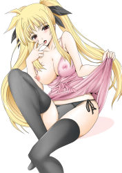 Rule 34 | 00s, 1girl, black panties, blonde hair, blush, breasts, clothes lift, dress, dress lift, fate testarossa, hair ribbon, large breasts, long hair, lyrical nanoha, mahou shoujo lyrical nanoha, mahou shoujo lyrical nanoha strikers, nipples, panties, red eyes, ribbon, see-through, side-tie panties, solo, thighhighs, tongue, twintails, underwear, very long hair, yajima index