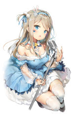 Rule 34 | 1girl, anmi, bare shoulders, black footwear, blonde hair, blue dress, blue eyes, blue ribbon, blush, breasts, commentary request, dress, facial tattoo, facing viewer, full body, fur-trimmed dress, fur trim, girls&#039; frontline, hair bobbles, hair intakes, hair ornament, hair ribbon, hairband, hand up, headband, heart, heart tattoo, highres, holding, long hair, long sleeves, looking at viewer, mary janes, medium breasts, medium hair, microphone, microphone stand, off-shoulder dress, off shoulder, official alternate costume, one side up, open mouth, over-kneehighs, ribbon, see-through, shoes, sidelocks, simple background, skindentation, snowflake hair ornament, solo, squatting, strapless, strapless dress, suomi (girls&#039; frontline), suomi (korvatunturi pixie) (girls&#039; frontline), tattoo, thighhighs, two side up, white background, white thighhighs, zettai ryouiki
