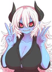 Rule 34 | 1girl, aohada bocchi, black horns, black sclera, blue skin, blush, breasts, cleavage, colored sclera, colored skin, curvy, demon girl, demon horns, demon tail, double v, eyebrows, hands on own hips, highres, horns, huge breasts, long hair, pointy ears, red eyes, ruri (aohada bocchi), sharp teeth, skirt, smile, tail, tank top, teeth, unbuttoned, unbuttoned shirt, v, white background, white hair, zyugoya