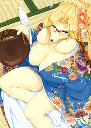 Rule 34 | 1girl, alcohol, animal ears, animal nose, arm at side, artist name, blonde hair, blue eyes, blue kimono, blush, body fur, bottle, breasts, bright pupils, cleavage, closed mouth, collarbone, cup, dated, dog ears, dog girl, female focus, floral print, flower, from above, furry, furry female, glasses, hair bun, hair flower, hair intakes, hair ornament, half-closed eyes, hand up, happy, highres, holding, holding cup, indoors, japanese clothes, kame (3t), kimono, large breasts, legs, long sleeves, looking at viewer, on floor, original, red-framed eyewear, red flower, sakazuki, sake, semi-rimless eyewear, sidelocks, signature, single hair bun, sitting, smile, snout, socks, solo, tabi, tatami, thighs, v-shaped eyebrows, white pupils, white socks, wide sleeves, yellow fur, yokozuwari