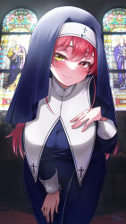 Rule 34 | 1girl, blue dress, blush, breasts, closed mouth, cowboy shot, cross print, dress, habit, hand on own thigh, heterochromia, highres, hololive, houshou marine, houshou marine (nun), ichijo kazuya, indoors, large breasts, leaning forward, long hair, long sleeves, nun, red eyes, red hair, smile, solo, stained glass, standing, veil, very long hair, virtual youtuber, yellow eyes