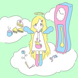 Rule 34 | 1girl, :3, :|, absurdres, analog clock, angel wings, animal, animal on shoulder, arms at sides, asymmetrical legwear, bird, bird on shoulder, blonde hair, blue socks, blush stickers, cake, cake slice, clock, closed mouth, cloud, colored skin, cup, dot nose, drawstring, drink, expressionless, eyes visible through hair, flat color, food, fruit, green background, hair ornament, hairclip, halo, highres, long hair, looking at viewer, mug, no shoes, original, parted bangs, pen, pink socks, pocket, pom pom (clothes), sandwich, sink&#039;s adventure, socks, solo, standing, steam, strawberry, strawberry shortcake, stuffed animal, stuffed rabbit, stuffed toy, tareme, toothbrush, toothpaste, uneven legwear, very long hair, white skin, wings