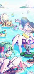 Rule 34 | 2girls, absurdres, float, green eyes, green hair, hat, highres, looking at viewer, mouse (animal), multiple girls, smile, swimsuit, tail, teeth, water
