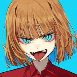 Rule 34 | 1girl, absurdres, blonde hair, blue background, blue eyes, collared shirt, commentary request, eyeshadow, highres, looking at viewer, makeup, open mouth, original, pink eyeshadow, portrait, red shirt, sharp teeth, shirt, short hair, simple background, slit pupils, solo, teeth, tongue, tongue out, yoon cook