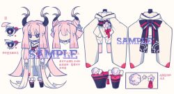 Rule 34 | 1girl, black eyes, black footwear, character sheet, cherry blossoms, circle, expressionless, full body, highres, horns, japanese clothes, kimono, long hair, multiple views, okobo, original, pink hair, platform clogs, sample watermark, sandals, thighhighs, very long hair, watermark, white background, white kimono, white thighhighs, wide sleeves, xianyudian laoban