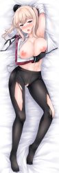 Rule 34 | 1girl, arm under breasts, arm up, armpits, bed sheet, black gloves, black pantyhose, blonde hair, blue eyes, blush, breast hold, breasts, breasts out, cleavage, cleft of venus, collarbone, dakimakura (medium), from above, full body, gloves, graf zeppelin (kancolle), grey eyes, hat, highres, inverted nipples, kantai collection, large breasts, long hair, looking at viewer, lying, navel, nipples, no bra, no panties, on back, open clothes, open mouth, pantyhose, peaked cap, puffy nipples, pussy, sidelocks, solo, sweat, torn clothes, torn pantyhose, uni8
