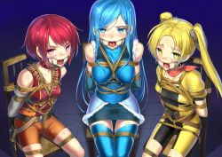 Rule 34 | 3girls, arms behind back, bdsm, blonde hair, blue eyes, blue hair, blush, bondage, bound, breasts, covered erect nipples, crotch rope, dental gag, eyes visible through hair, gag, gagged, long hair, looking at viewer, magical girl, medium breasts, miniskirt, multiple girls, open mouth, original, red eyes, red hair, rope, sharpffffff, shibari, shibari over clothes, short hair, sitting, skirt, small breasts, tied to chair, tongue, tongue out, twintails, yellow eyes