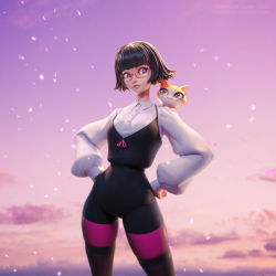 Rule 34 | 1girl, 1other, animal, animal on shoulder, black hair, black shorts, blouse, bright pupils, cat, cat on shoulder, cherry blossoms, cloud, cloudy sky, cowboy shot, glasses, hands on own hips, high-waist shorts, highres, leaning to the side, leggings, lisa (ilya kuvshinov), long sleeves, looking at another, medium hair, ninjason chan, orange cat, pink eyes, puffy sleeves, shirt, shorts, skin tight, sky, standing, sunset, white pupils, white shirt